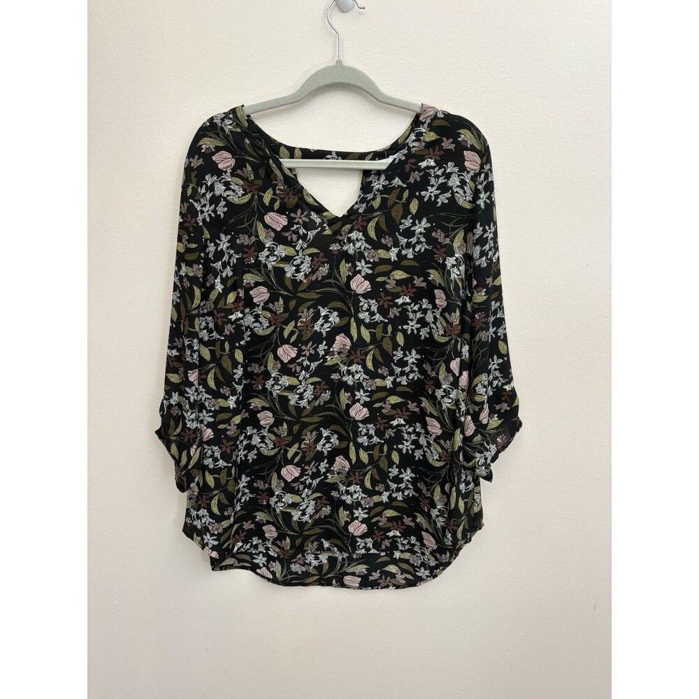 DR2 Women’s Blouse Top 1XL Floral V Neck 3/4 Sleeve Pullover Semi-sheer